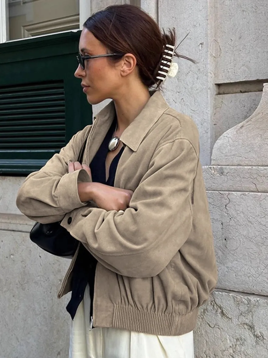 Blouson bomber femme en suédine synthétique - Fermeture éclair rétro ourlet élastique coupe décontractée - Collection printemps 2026
