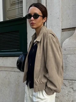 Blouson bomber femme en suédine synthétique - Fermeture éclair rétro ourlet élastique coupe décontractée - Collection printemps 2026