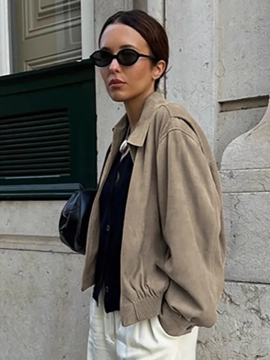 Blouson bomber femme en suédine synthétique - Fermeture éclair rétro ourlet élastique coupe décontractée - Collection printemps 2026