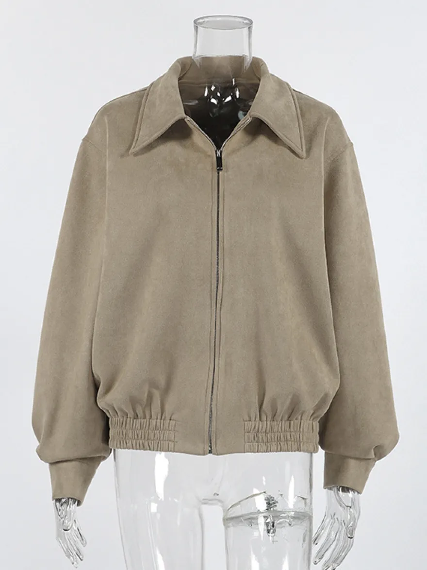 Blouson bomber femme en suédine synthétique - Fermeture éclair rétro ourlet élastique coupe décontractée - Collection printemps 2026