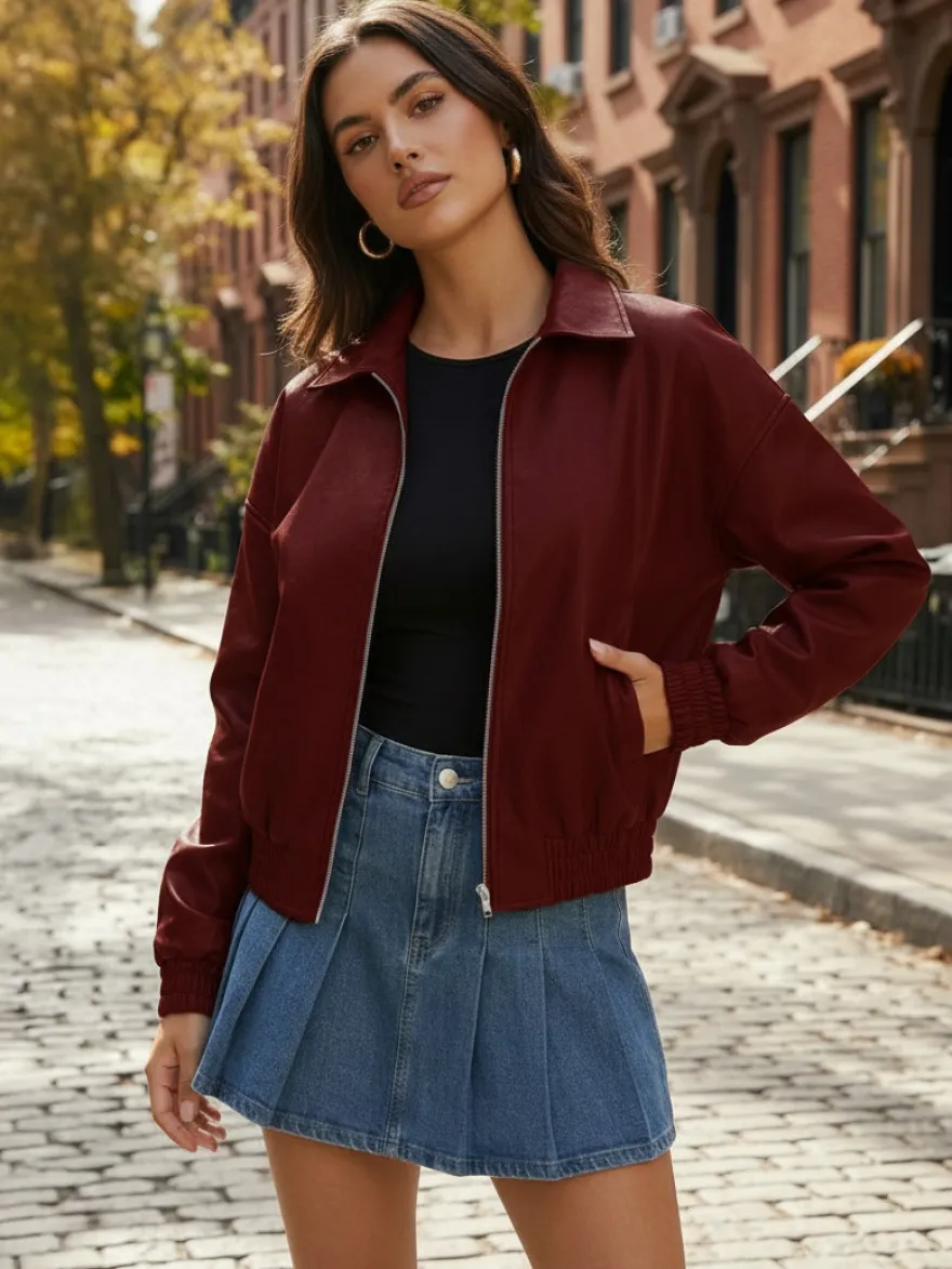 Blouson bomber vintage oversize en similicuir avec ourlet élastique pour femme 2026