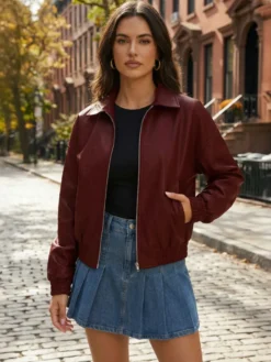 Blouson bomber vintage oversize en similicuir avec ourlet élastique pour femme 2026