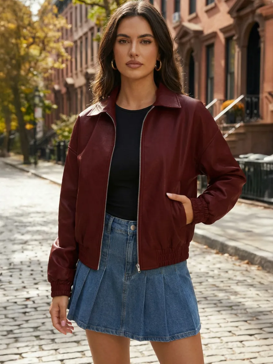 Blouson bomber vintage oversize en similicuir avec ourlet élastique pour femme 2026