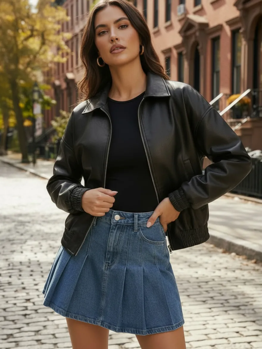 Blouson bomber vintage oversize en similicuir avec ourlet élastique pour femme 2026