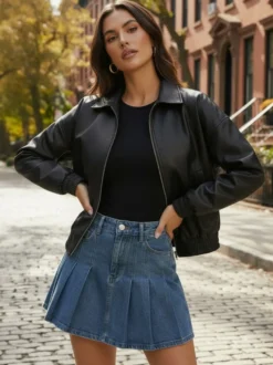 Blouson bomber vintage oversize en similicuir avec ourlet élastique pour femme 2026