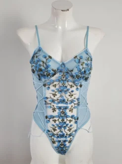 Body en maille brodée de fleurs à armatures et cordon de serrage latéral