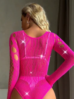 Body en résille à strass manches longues col rond découpe sur le devant et le côté lingerie en maille transparente