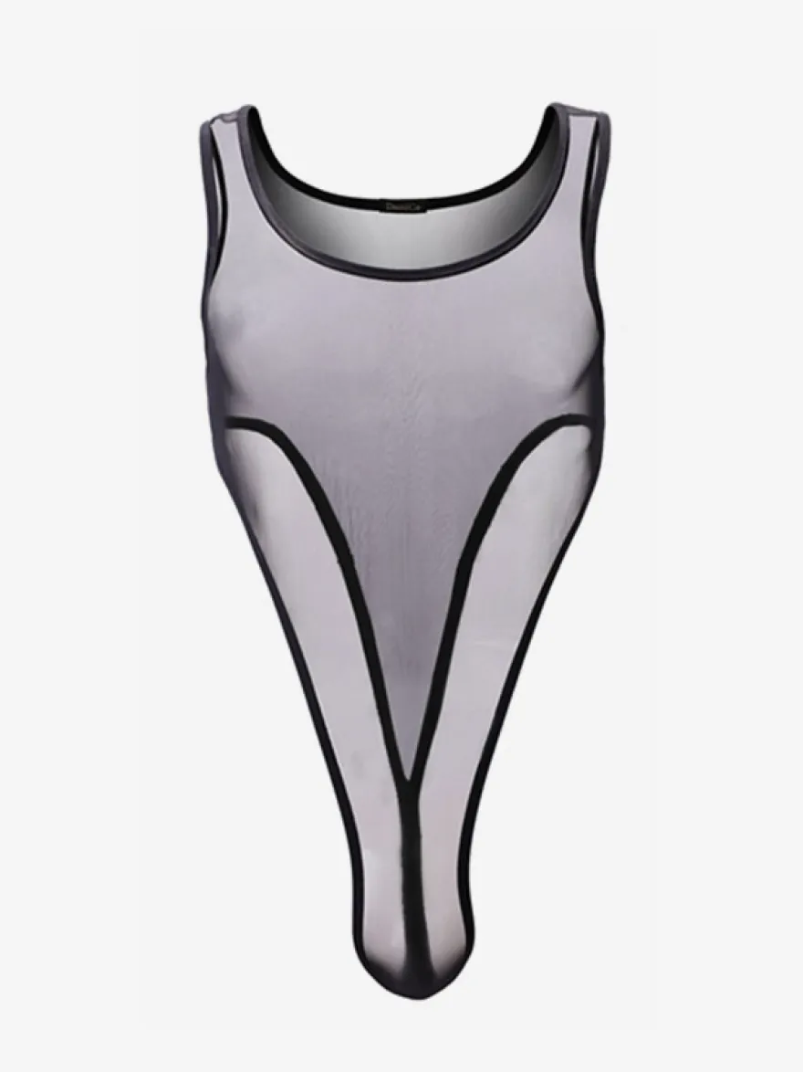 Body homme en maille transparente sans manches avec poche en U lingerie sexy une pièce