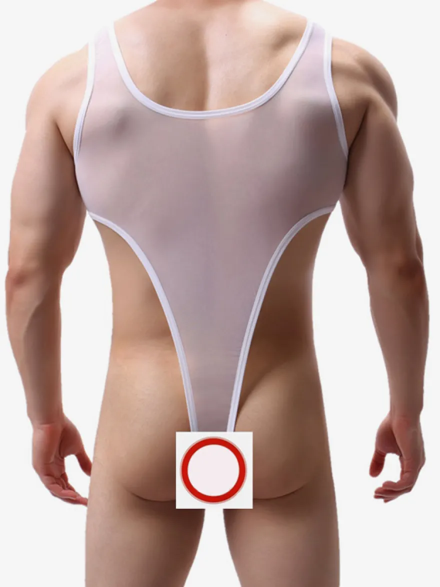 Body homme en maille transparente sans manches avec poche en U lingerie sexy une pièce