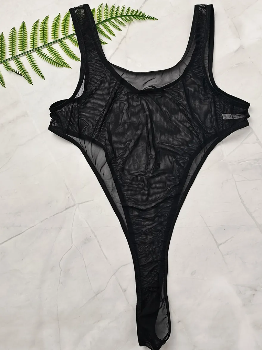 Body homme en maille transparente sans manches avec poche en U lingerie sexy une pièce