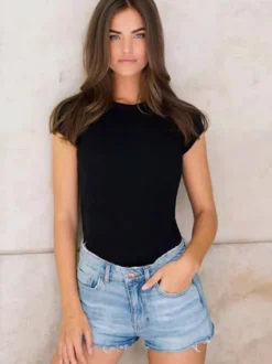 Body manches courtes café marron bijou cou passepoil décontracté Polyester femmes haut
