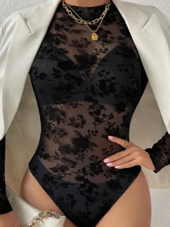 Body Manches Longues Corset Sous-Vêtements Femmes Noires Hauts Sexy En Dentelle