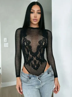 Body à manches longues en résille noire strassée col montant empiècements en dentelle résille transparente top slim pour soirée