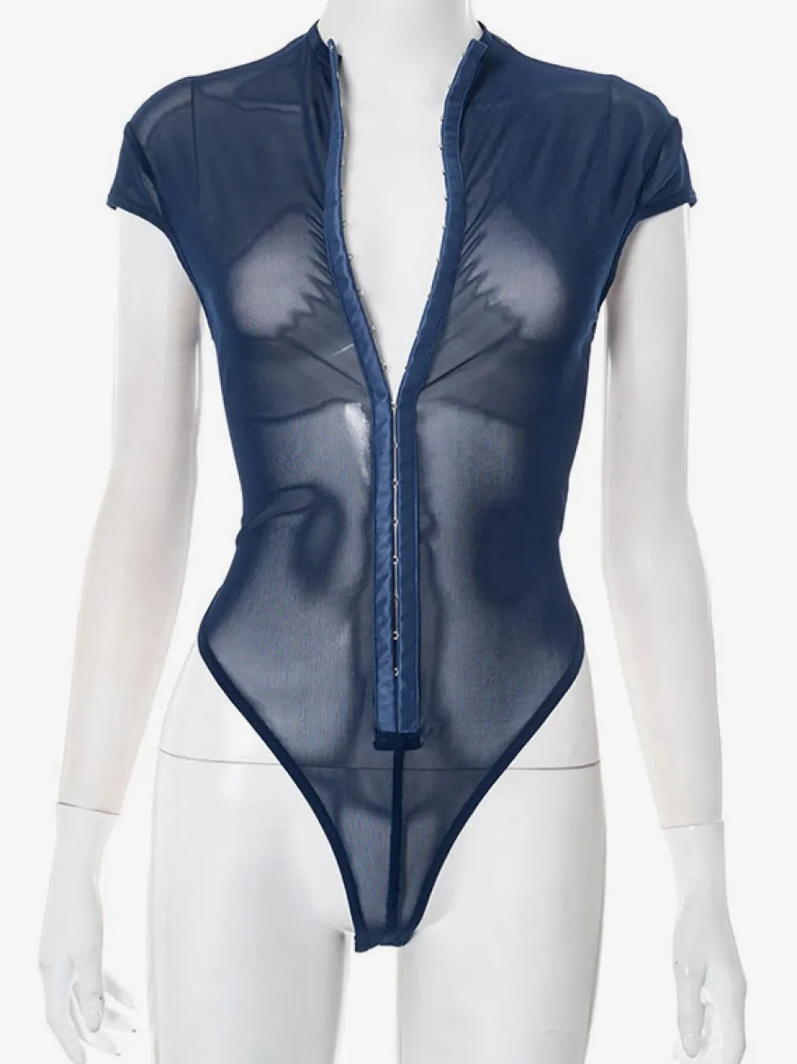 Body sans manches bleu à boutons et col montant pour femme