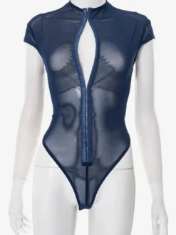 Body sans manches bleu à boutons et col montant pour femme