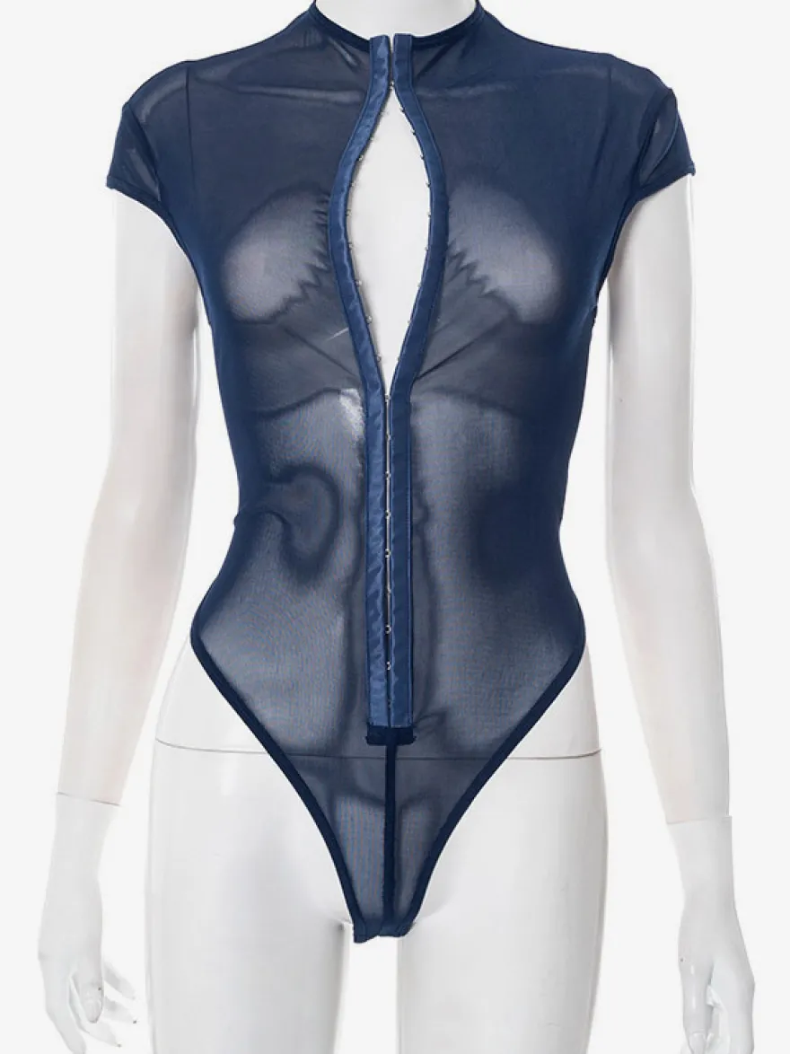 Body sans manches bleu à boutons et col montant pour femme