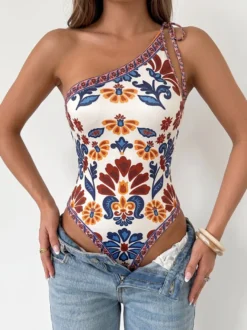Body sans manches bordeaux à lacets dos nu asymétrique imprimé bohème haut pour femme