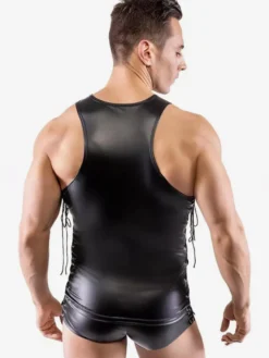 Body sans manches en similicuir pour homme laçage latéral style teddy