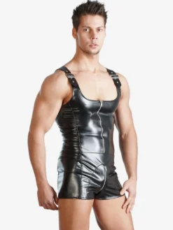 Body short à bretelles en similicuir pour homme fermeture éclair sur le devant style teddy