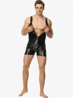 Body short à bretelles en similicuir pour homme fermeture éclair sur le devant style teddy
