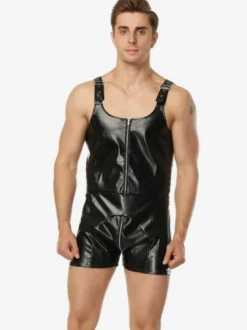 Body short à bretelles en similicuir pour homme fermeture éclair sur le devant style teddy
