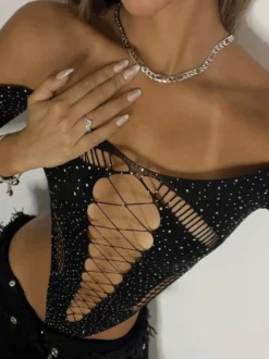 Body transparent à manches longues en dentelle jaune transparente orné de strass et de résille contrastante.