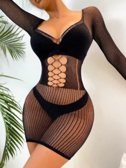 Bonneterie Lingerie Sexy Femme avec Manches Longues Creusante Unicolore