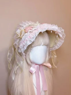 Bonnet Lolita accessoire de coiffure bandeau à fleurs rose clair chapeau