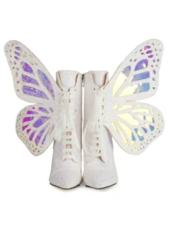 Botines femme bleue pailletes bout pointu talon haut à zip à lacet en forme de papillon ailes amovibles