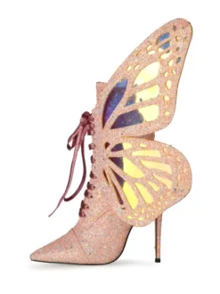 Botines femme bleue pailletes bout pointu talon haut à zip à lacet en forme de papillon ailes amovibles
