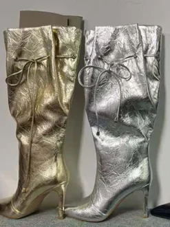 Bottes argentées à talons hauts et bout pointu pour femme