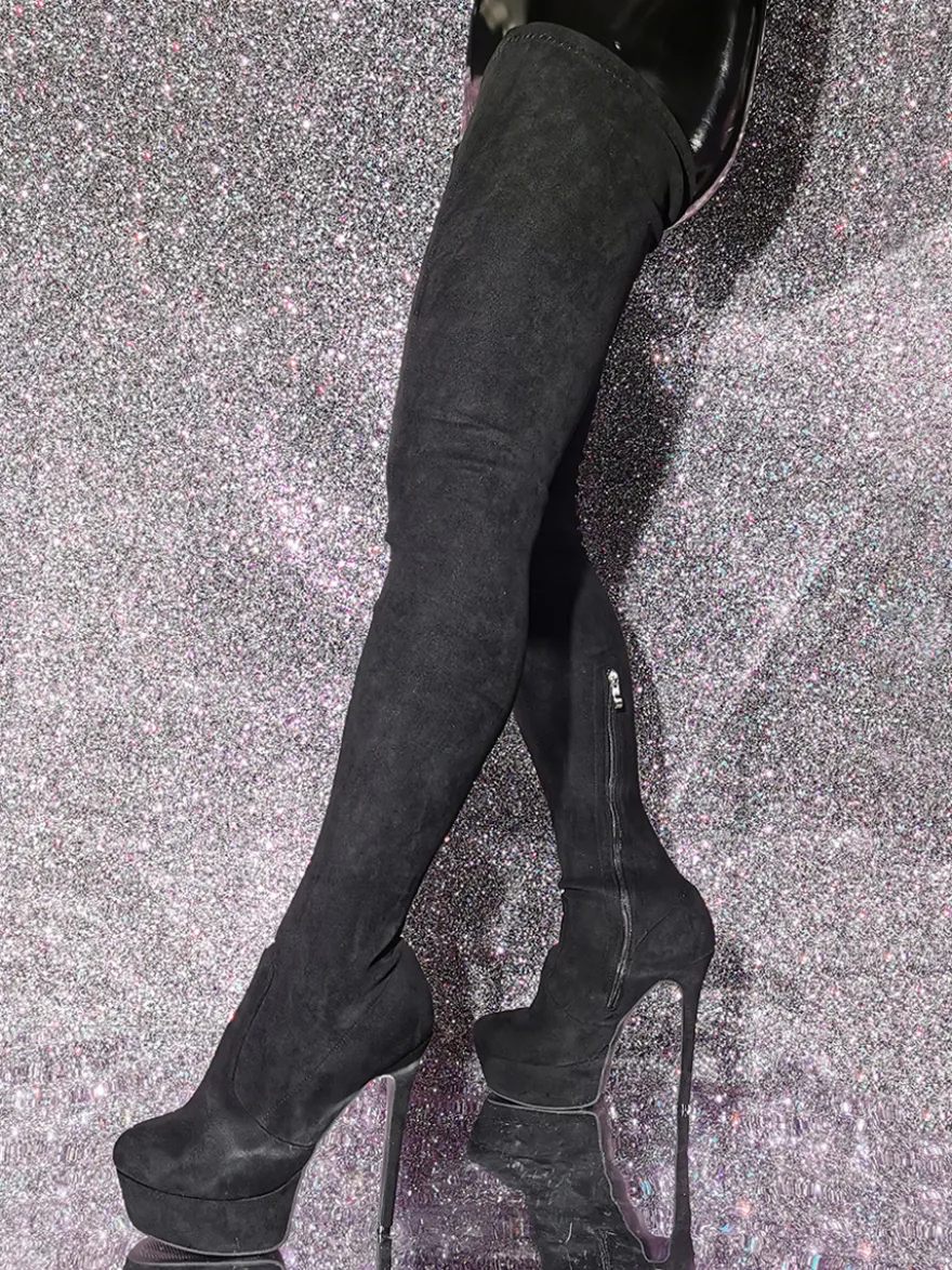 Bottes au-dessus du genou Bottes hautes noires pour femmes Tige en micro-suède Talon aiguille