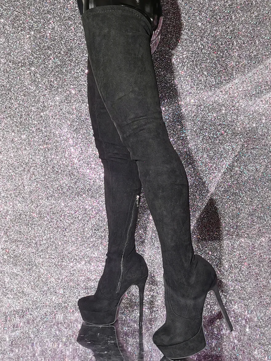 Bottes au-dessus du genou Bottes hautes noires pour femmes Tige en micro-suède Talon aiguille