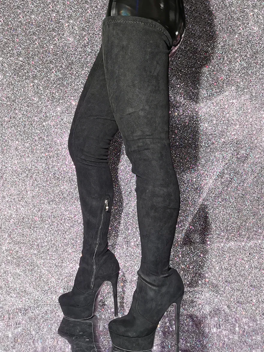 Bottes au-dessus du genou Bottes hautes noires pour femmes Tige en micro-suède Talon aiguille