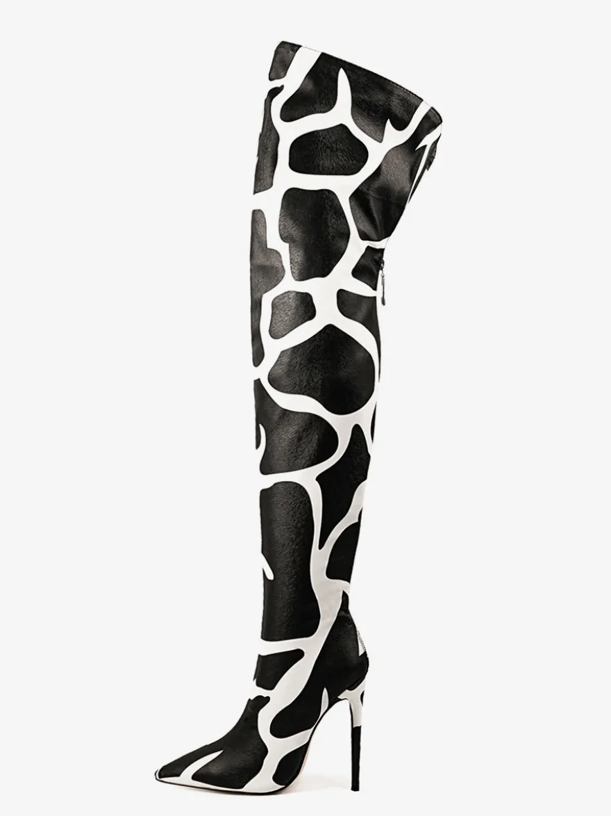 Bottes au-dessus du genou bout pointu imprimées talons hauts cuissardes