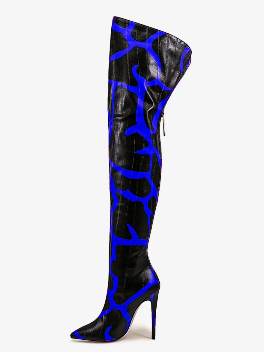 Bottes au-dessus du genou bout pointu imprimées talons hauts cuissardes