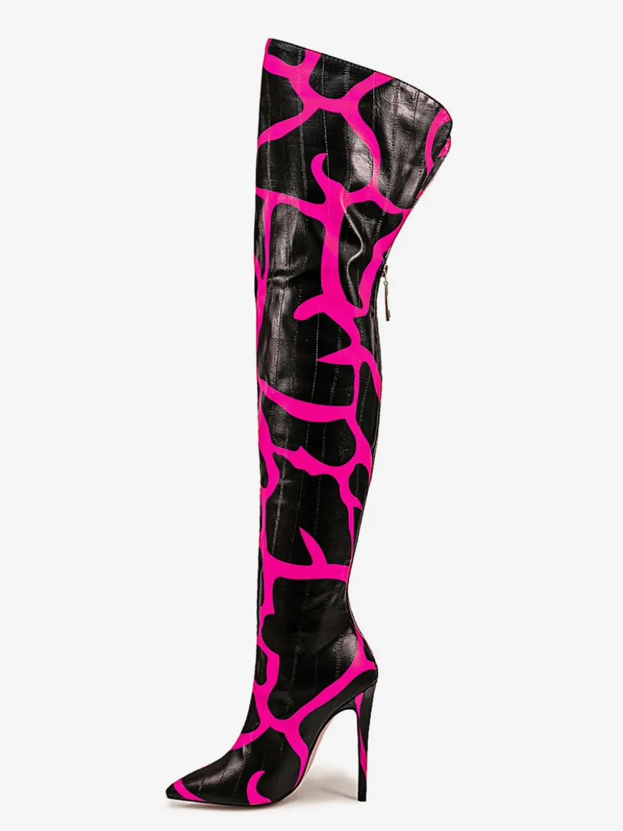 Bottes au-dessus du genou bout pointu imprimées talons hauts cuissardes