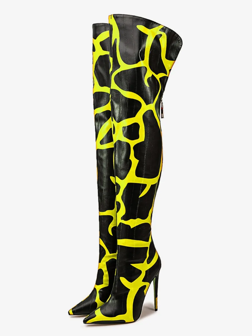 Bottes au-dessus du genou bout pointu imprimées talons hauts cuissardes