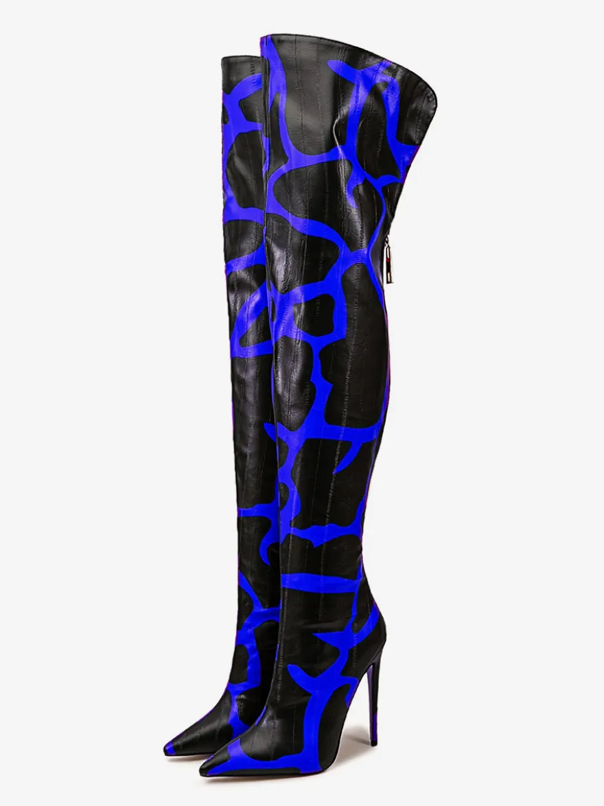 Bottes au-dessus du genou bout pointu imprimées talons hauts cuissardes