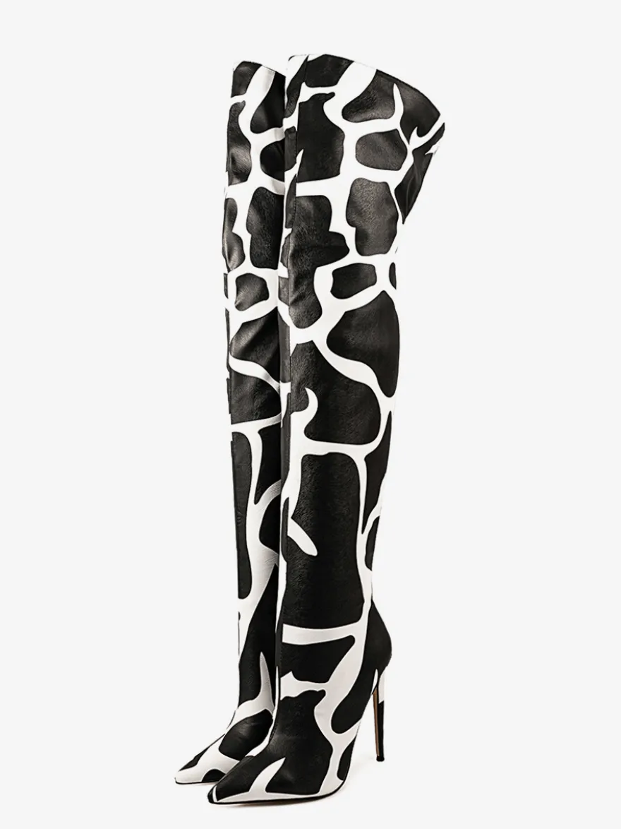 Bottes au-dessus du genou bout pointu imprimées talons hauts cuissardes