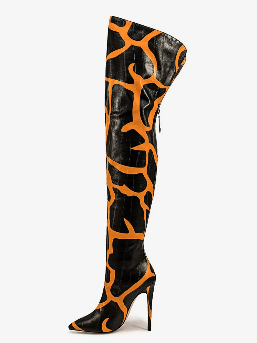 Bottes au-dessus du genou bout pointu imprimées talons hauts cuissardes