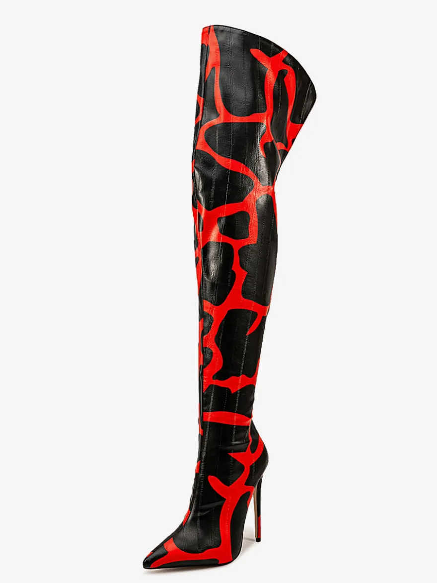 Bottes au-dessus du genou bout pointu imprimées talons hauts cuissardes