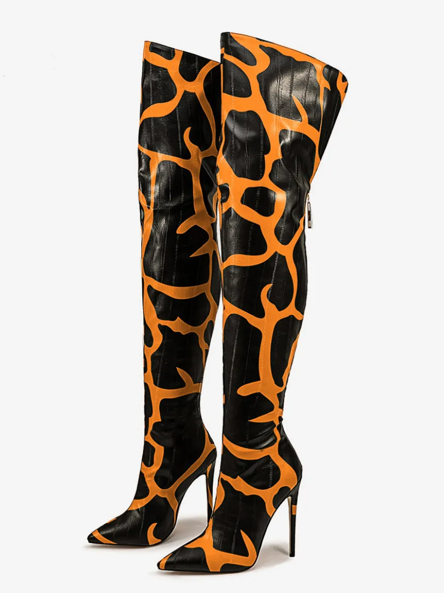 Bottes au-dessus du genou bout pointu imprimées talons hauts cuissardes