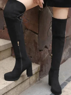 Bottes au-dessus du genou en micro-suède marron pour femmes bottes hautes à bout rond et talon épais