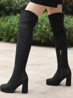 Bottes au-dessus du genou en micro-suède marron pour femmes bottes hautes à bout rond et talon épais