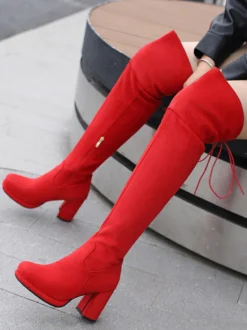 Bottes au-dessus du genou en micro-suède marron pour femmes bottes hautes à bout rond et talon épais