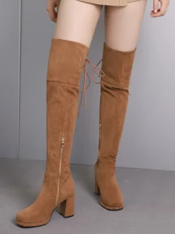 Bottes au-dessus du genou en micro-suède marron pour femmes bottes hautes à bout rond et talon épais