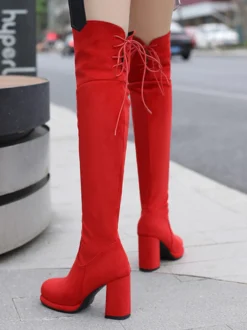 Bottes au-dessus du genou en micro-suède marron pour femmes bottes hautes à bout rond et talon épais