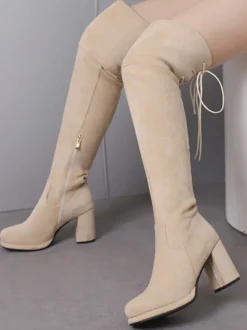 Bottes au-dessus du genou en micro-suède marron pour femmes bottes hautes à bout rond et talon épais