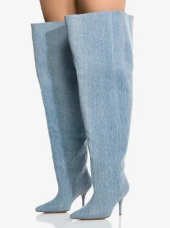 Bottes au-dessus du genou pour femmes bottes en jean à bout pointu mollet large cuissardes hautes